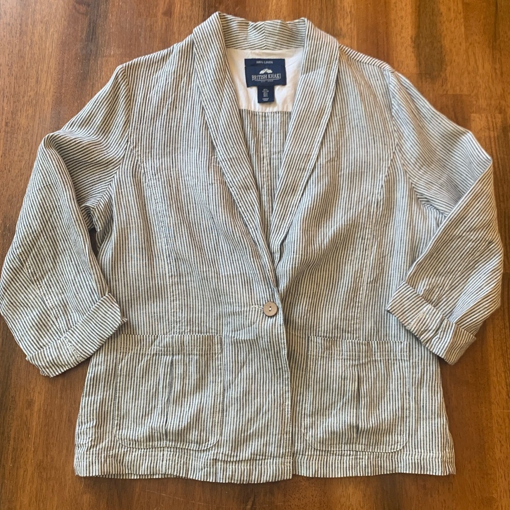 British Khaki Blazer Large Navy White Pinstripe 100% Linen Two Pockets 1 Button